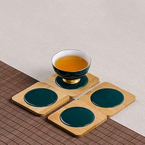 2PCS/Lot Creative Tea Cup Tray Natural Bamboo Ceramic Green Glaze Coaster Office Kung Fu Tea Set Accessories Mat Pad Cups Holder