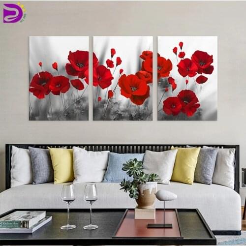 Diamond Paintings 3 Pieces Red Flower Wall Art Full Square/Round Triptych Diamond Embroidery mosaic Poppy Beaded Decor Kit