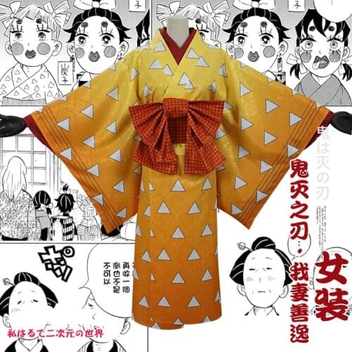 Anime! Demon Slayer: Kimetsu no Yaiba Agatsuma Zenitsu Flower Street Kimono Uniform Cosplay Costume Halloween Suit Free Shipping