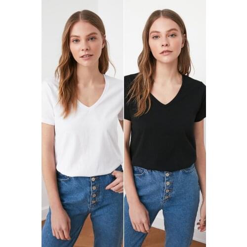 Black and White 100 Cotton V-Neck 2'li Package Knitted T-Shirt TWOSS20TS0142