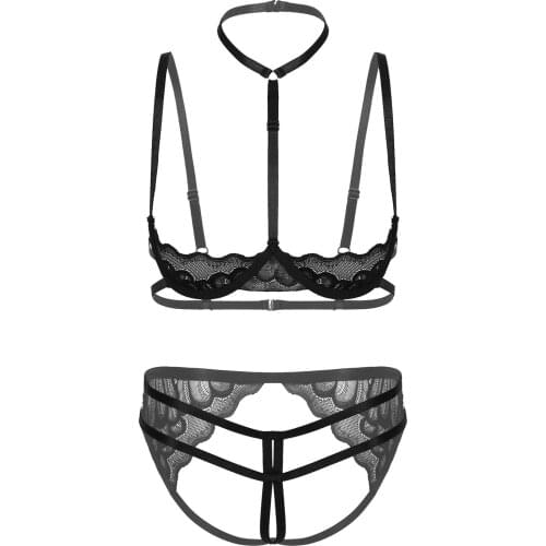 Women See-through Lace Sexy Lingerie Suits Low-cut Halter Bra Tops with Crotchless Strappy G-string Underwear Exotic Costume