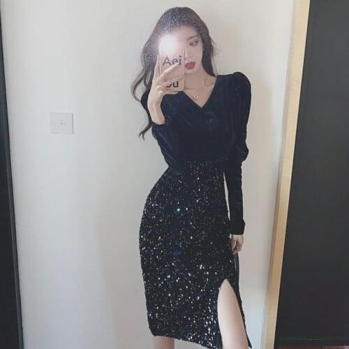 Women V neck Long Sleeve Split Sexy Sequined Dress Female New Package Hip Elegant Slim Dresses For party