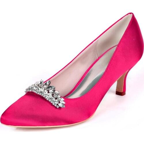 Elegant lady low heel dress shoes pointed toe satin wedding party prom shoes with crystal crown queen pumps slip on mid heels