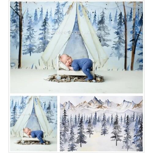 Christmas Trees Photography Background Watercolor Painted Wiinter Forest Newborn Kids Baby Shower Birthday Decor Photo Backdrops