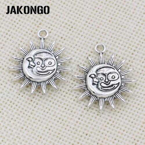 JAKONGO Antique Silver Plated Moon Sun Face Charms Pendant for Jewelry Making Bracelet Accessories DIY 28x24mm 8PCS/lot