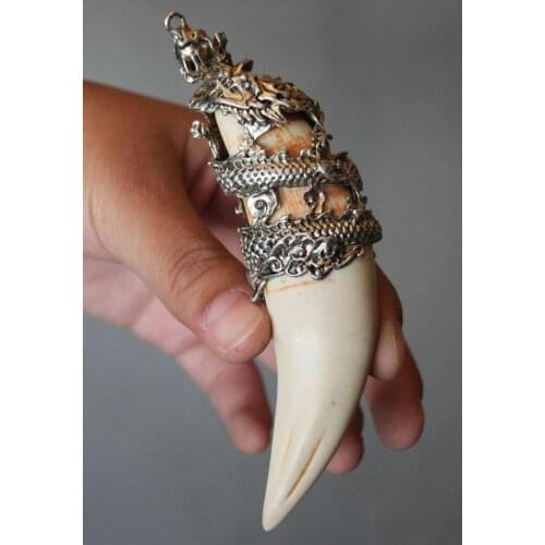 Chinese Antique Boars Tooth Wild Hog Silver Dragon Protective Talisman Pendant