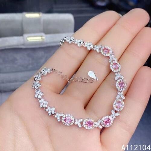 KJJEAXCMY fine jewelry 925 sterling silver inlaid natural pink sapphire women exquisite trendy plant hand bracelet support detec