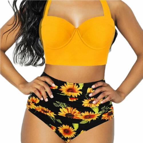 Summer New Sexy Sunflower Print Bandage High Waist Bikini Set Ladies Push Up Halter Swimsuit Women Swimwear Beachwear