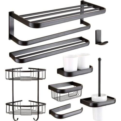 Bathroom Hardware Set Towel Rack Paper Holder Towel Bar Corner Shelf Toilet Brush holder Brushed Black Bathroom Accessories Set