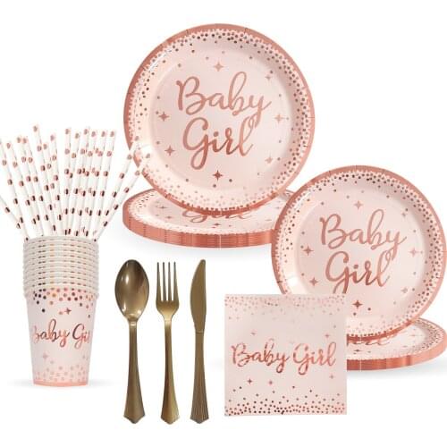 Rose Gold Baby Girl Tableware Baby Shower Decoration Bronzing Dot Gender Reveal Party Birthday Party Decor Supplies For Kids