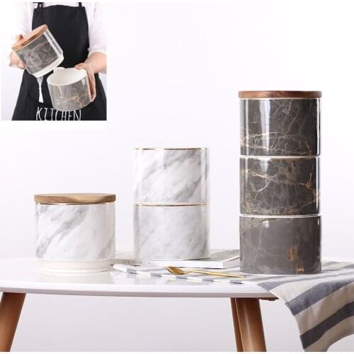 Three-layer Ceramic Airtight Jar with Nordic Marble Pattern Multigrain Coffee Tea Storage Jar Storage Tank Ornaments with Lid