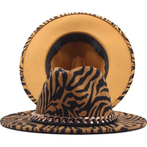 2021 Unisex Wide Brim Jazz Fedora Hats For Men Women Leopard Print Wool Hat Felt Trilby Panama Cap Formal Hats With Chain