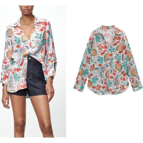 ZA2021 summer new womens wear v-neck sleeve fashion flower print shirt