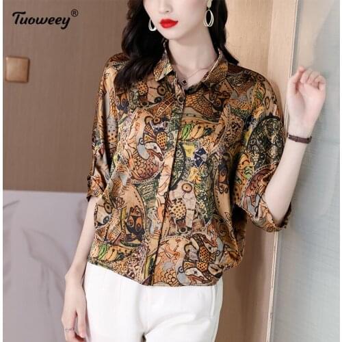 Women loose Blouse Summer style Print Tunic Casual Middle short Sleeve Tops Lady Blusa Femme Plus Size Vintage Ladies Blusas