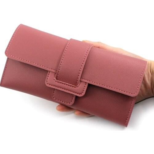 Womens Wallet Made Of Leather Long Buckle Simple Three-fold Clutch Bag Coin Purses Ladies Drawstring Multi-card Pocket Card Bag