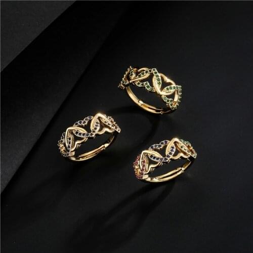 Fashion Gold Color Copper Women Finger Ring Accessories Luxury 3 Colors Cubic Zirconia Hollow Heart Wedding Ring Femme Bijoux
