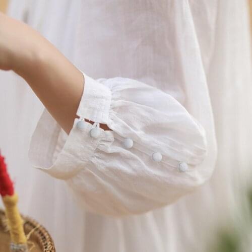 Cotton and ramie literature and art womens dress 2020 summer new quarter sleeve round neck ramie pleated loose swing dress