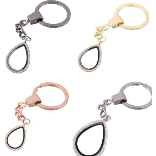 1pcs Water drop Zinc Alloy Rhinestone Floating charms Locket Keychain DIY Magnetic twist living memory Glass locket Key ring