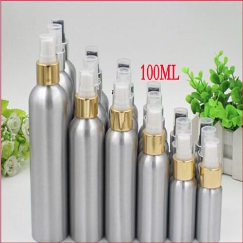 100ml Aluminium bottle pump sprayer bottle w silver/gold shoulder metal bottle Refillable bottle mist sprayer 100pcs/lot
