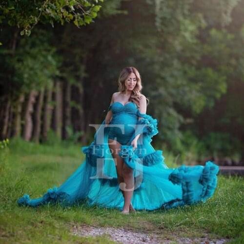 Haute Couture Turquoise Long Maternity Photoshoot Dresses or Babyshower Engagement Party Dress Tiered Ruffles Tulle Robes