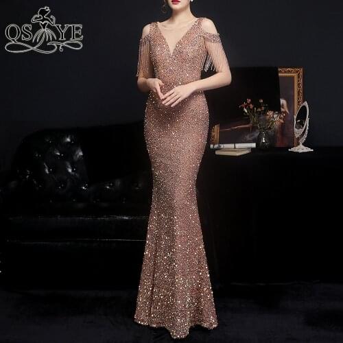 Sparkle Gold Evening Dresses Sequin Fit Long Evening Gown Glitter Side Sleeves Party Dress Mermaid V Neck Shiny Formal Gown