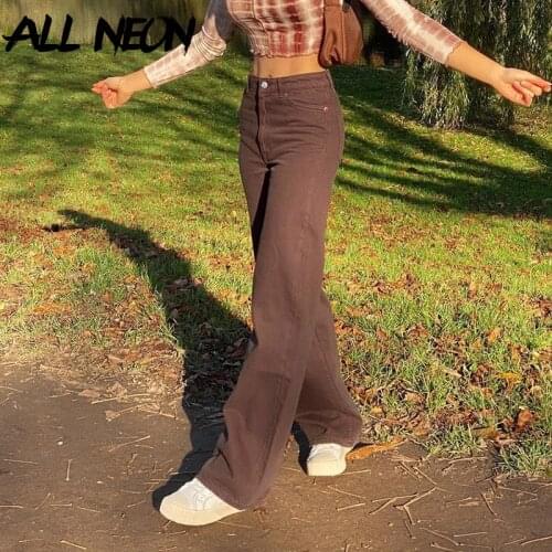 ALLNeon Indie Aesthetics High Waist Wide-Leg Brown Jeans Y2K Streetwear Denim Baggy Pants 90s Fashion Straight Trousers Spring