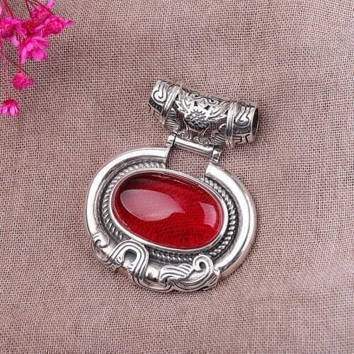 Uglyless Thai Silver Ethnic Choker Pendants for Women Real 925 Silver Oval Necklaces NO Chains HOT PINK Corundum Gemstones Jewel
