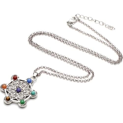 FYJS Unique Silver Plated Hexagram Star with 7 Colors Stone Healing Chakra Pendant Link Chain Necklace For Amulet Jewelry