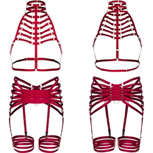 JLX.HARNESS Wine Red Neck Body Harness Lingerie Belt Set Bondage Leg Garter Belt Adjust Sexy Goth Fetish Pole dance Rave Wear