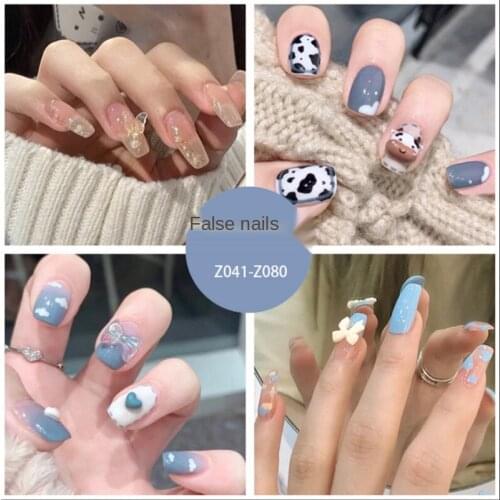 24pcs False Nails Artificial Tips with Glue Full Cover Press on Nails Gradient Color Nail Patch Glitter Fake Nail for Decoration