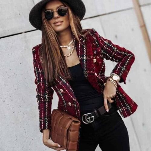New Womens Suit Jacket European and American Plaid Printed Woolen Stitching Tops Womens Single-breasted Short Lapel Jacket