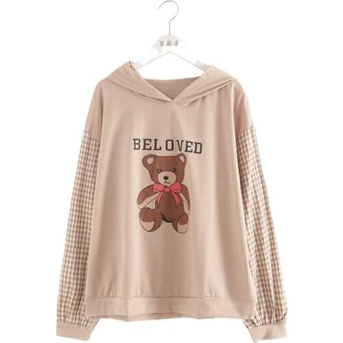 Autumn Preppy Style Childlike Letter Bear Print Hooded Sweatshirt Plaid Patchwork Sleeve Hoodies Girl Casual Pullovers 2011152