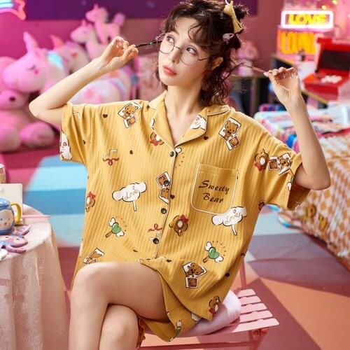 Pajamas Set Women Cotton Cute Cartoon Short Sleeve Cardigan Pajama Teen Girl Fashion Sleepwear Summer Casual Home Clothes Outfit
