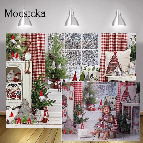 Window Christmas Photography Backdrop Santa Claus Toys Curtain Winter Photo Background Pine Forest Christmas Trees Studio Props