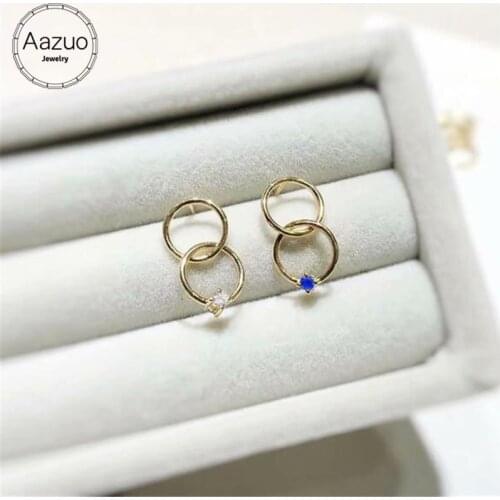 Aazuo Real Natural Blue Sappire Real Diamond IJ SI 100% 18K Yellow Gold Double Circle Stud Earrings For Woman Girls Party