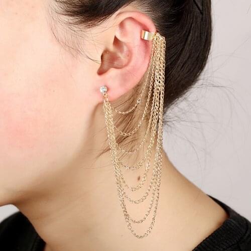 Tassel earring Trendy Women Chain Ear Cuff Hot Sell Multilayer Long Tassel Crystal Jewelry Accessories Friend Gifts Clip Earring