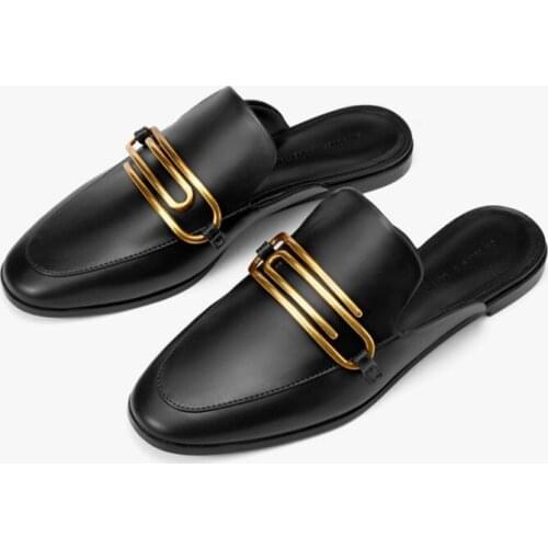 Low-heeled Slippers Womens British Style Breathable Slippers Metal Buckle Flat Mueller Shoes Womens Shoes Female Shoes