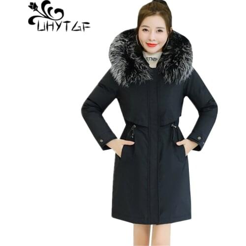 UHYTGF Fashion 6XL plus size cotton coat fur collar hooded down jacket thicken winter coats solid color Korean parker women 1264