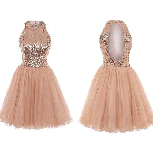 O-Neck Sequined Evening Dresses Rose Gold Short Party Gowns Open-Back Robe De Soiree