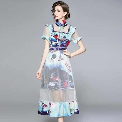 High Quality 2020 Early Autumn Designer Mesh Long Dresses Womens Ruffles Lace Up Stand Collar Patchwork Printed Runway Dress