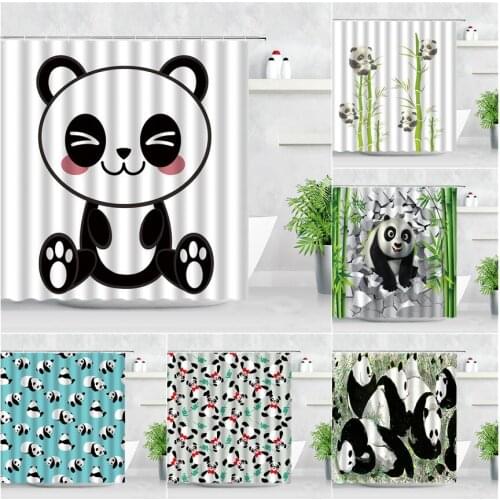 Cute Panda Shower Curtains Cartoon Animal Green Bamboo Black White Chinese Style Modern Waterproof Fabric Bathroom Curtain Decor