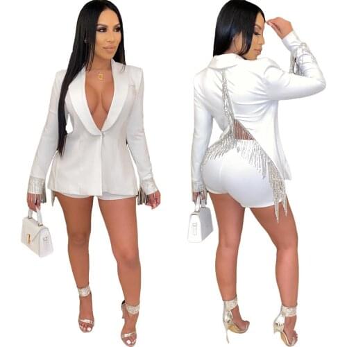 New Women Shorts Set Sexy Tassel Deep V Neck Suit Jacket Coat And Shorts Two Piece Outfits Set Red Black White