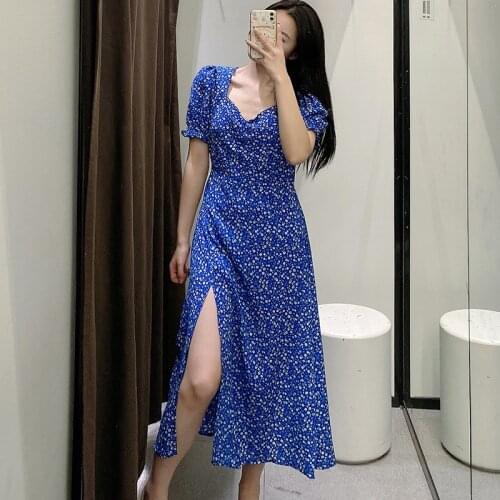 2021 Summer Women Dress Midi French Stlye Blue Floral Print Square Neck Puff Sleeves Split High Waist Boho Korean Fashion Blue