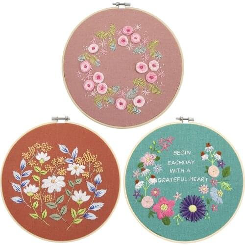 3 Sets Of Beginner Embroidery Kits Floral Cross-Stitch Kits Children Pattern Embroidery Cloth + Bamboo Hook + Tools