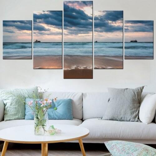5 Pieces Wall Art Canvas Painting Sandy Beach Seascape Poster Fishing Boat Home Decoration Pictures Modern Living Room Framework
