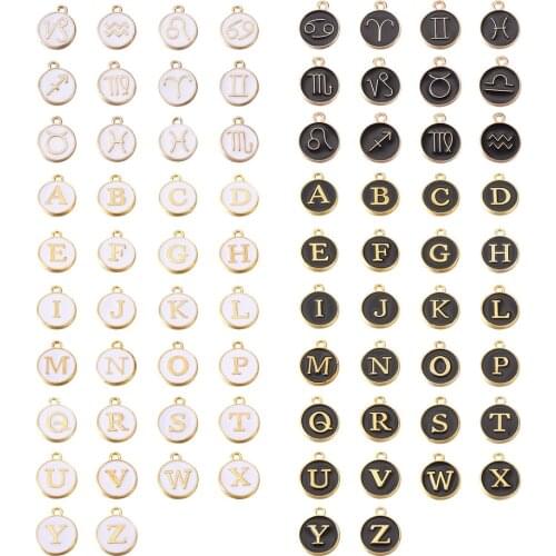 76pcs Alphabet Letter A-Z Pendants 12 Constellations Enamel Charm Double Face Charms for Jewelry Making DIY Bracelet Black White