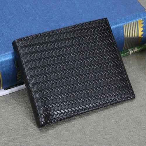 Men PU Leather Zipper Coin Wallets Bifold Woven Pattern Short Purse Bag