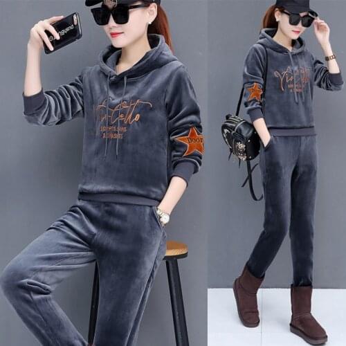 Double-sided Thick Gold Velvet Suit Womens Autumn And Winter Fashion Sweater Two-piece Hooded Womens Long-sleeved Sportswear