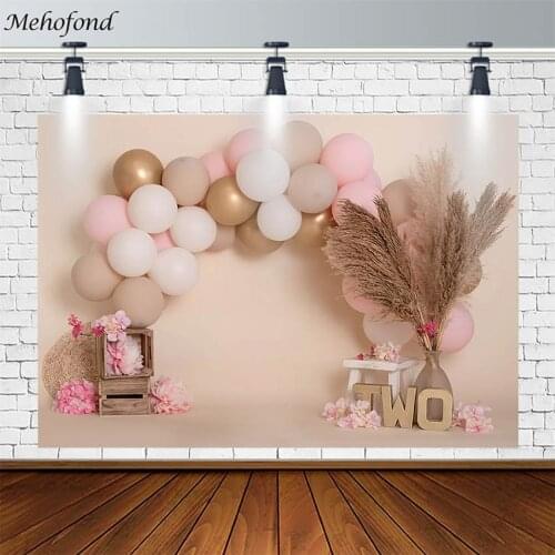 Happy 2nd Birthday Party Backdrop Pink Balloon Flowers Reed Vase Girl Photography Background Photo Studio Photophone Decor Props