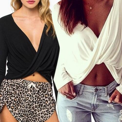 Sexy Women Solid Color Long Sleeve V Neck Front Cross Loose T-shirt Crop Top Casual summer t-shirt sexy club female black white